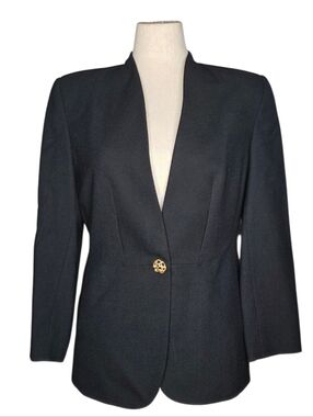 Vintage Valerie Stevens Black Wool Blazer Petite 8P Gold Button Career